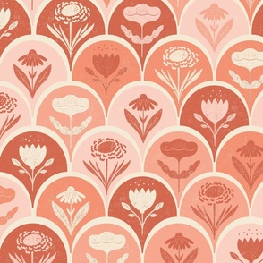 block print floral in peach, coral and cream - floral hand carved arches block stamp printing