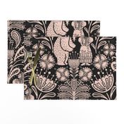 BEAR TALKS | 24" jumbo scale | Folk Block Print whimsical and stylish woodland pattern with paisley-like florals - light peach on anthracite, black background