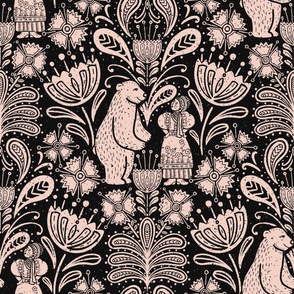 BEAR TALKS | 24" jumbo scale | Folk Block Print whimsical and stylish woodland pattern with paisley-like florals - light peach on anthracite, black background