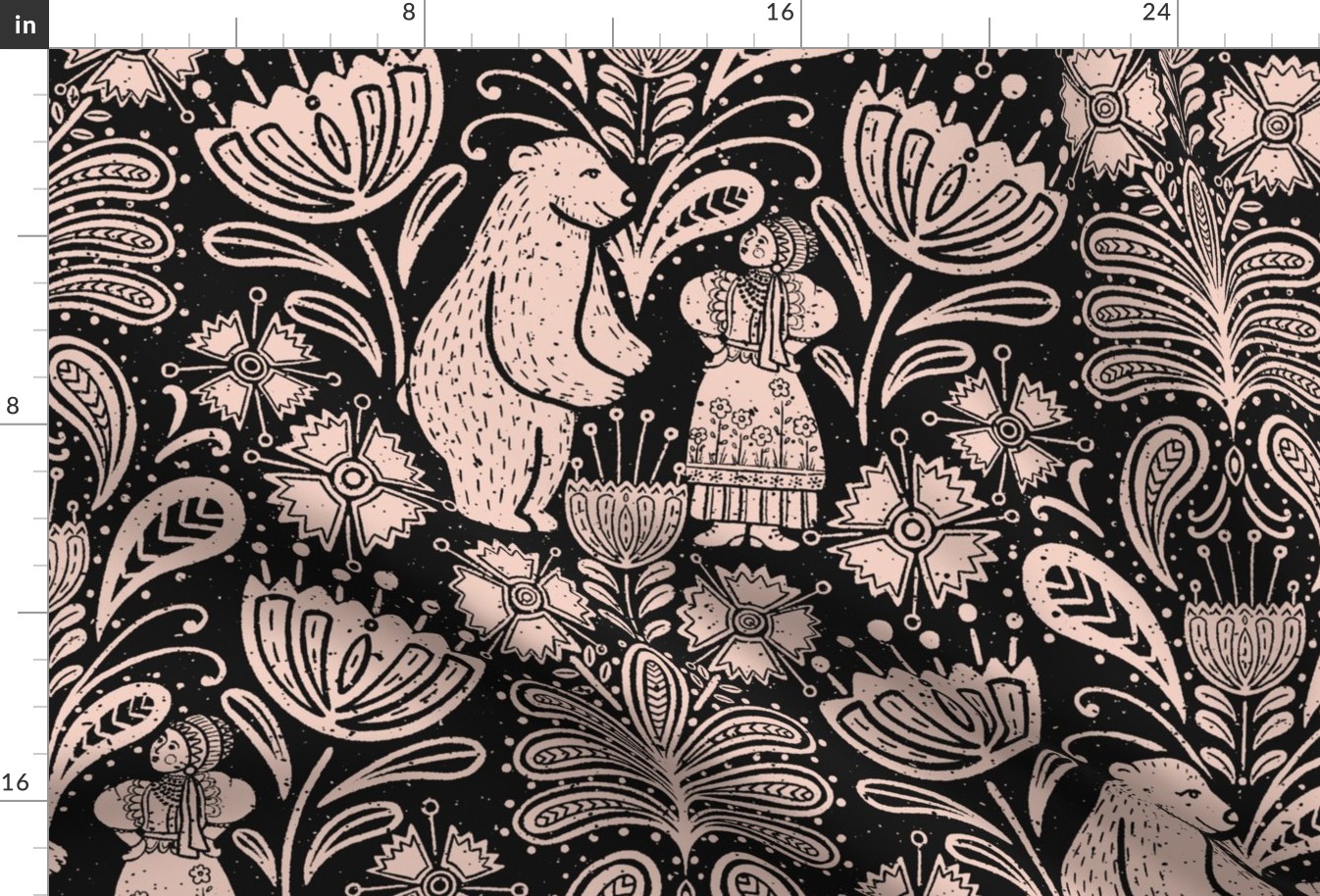 BEAR TALKS | 24" jumbo scale | Folk Block Print whimsical and stylish woodland pattern with paisley-like florals - light peach on anthracite, black background
