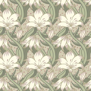Vintage Arts and Crafts hand drawn, block print style cream and green lilies floral print in soft, muted colors 