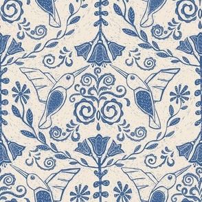 Hummingbird Ornaments Block Print Medium Blue and Light Cream large