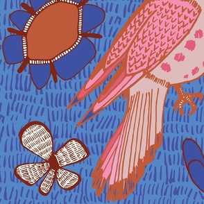 (L) Block Print Bird Floral Blue and Pink 