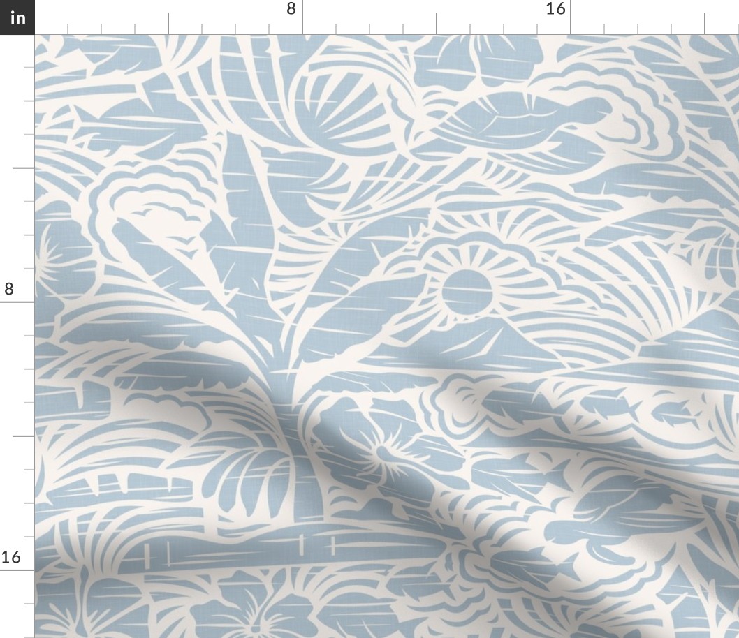 Hawaiian Block Print - Vintage Nature in Baby Blue and Ivory Shades / Large