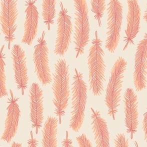 Feathers, Sketched and Painted - Peach Fuzz Orange Pink on Eggshell Off White