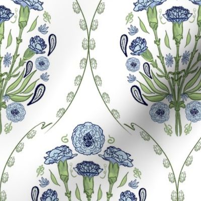 Carnation Block Print in Mughal style, blue green