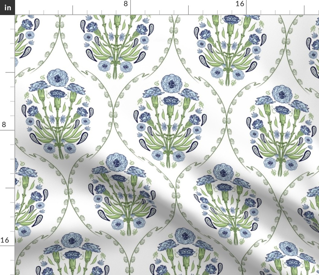 Carnation Block Print in Mughal style, blue green