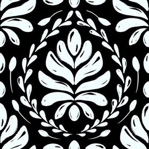 Grunge Floral Damask Leaves on Black