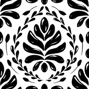 Grunge Floral Damask Leaves on White