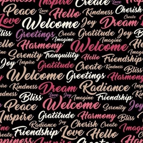 Welcome Home Words Seamless Pattern - Beige, Pink on Black