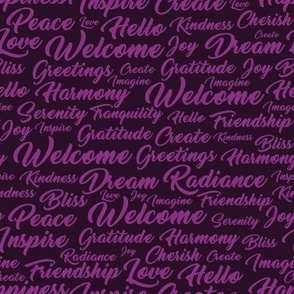 Welcome Home Words Seamless Pattern - Purple on Black