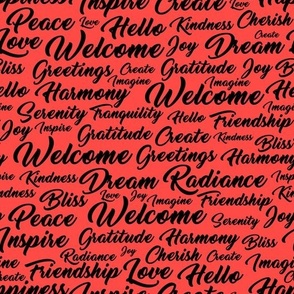 Welcome Home Words Seamless Pattern - Black on Red