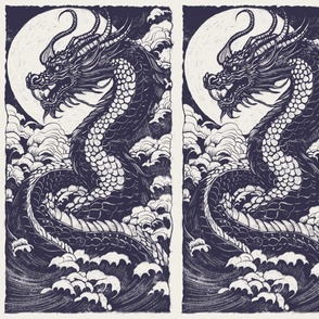 Dragon block print blue & cream