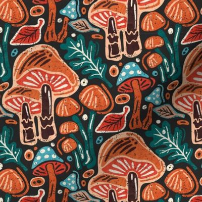 Block Printing, Linocut Forest with Mushrooms / Mid Century Colors Version / Medium Scale
