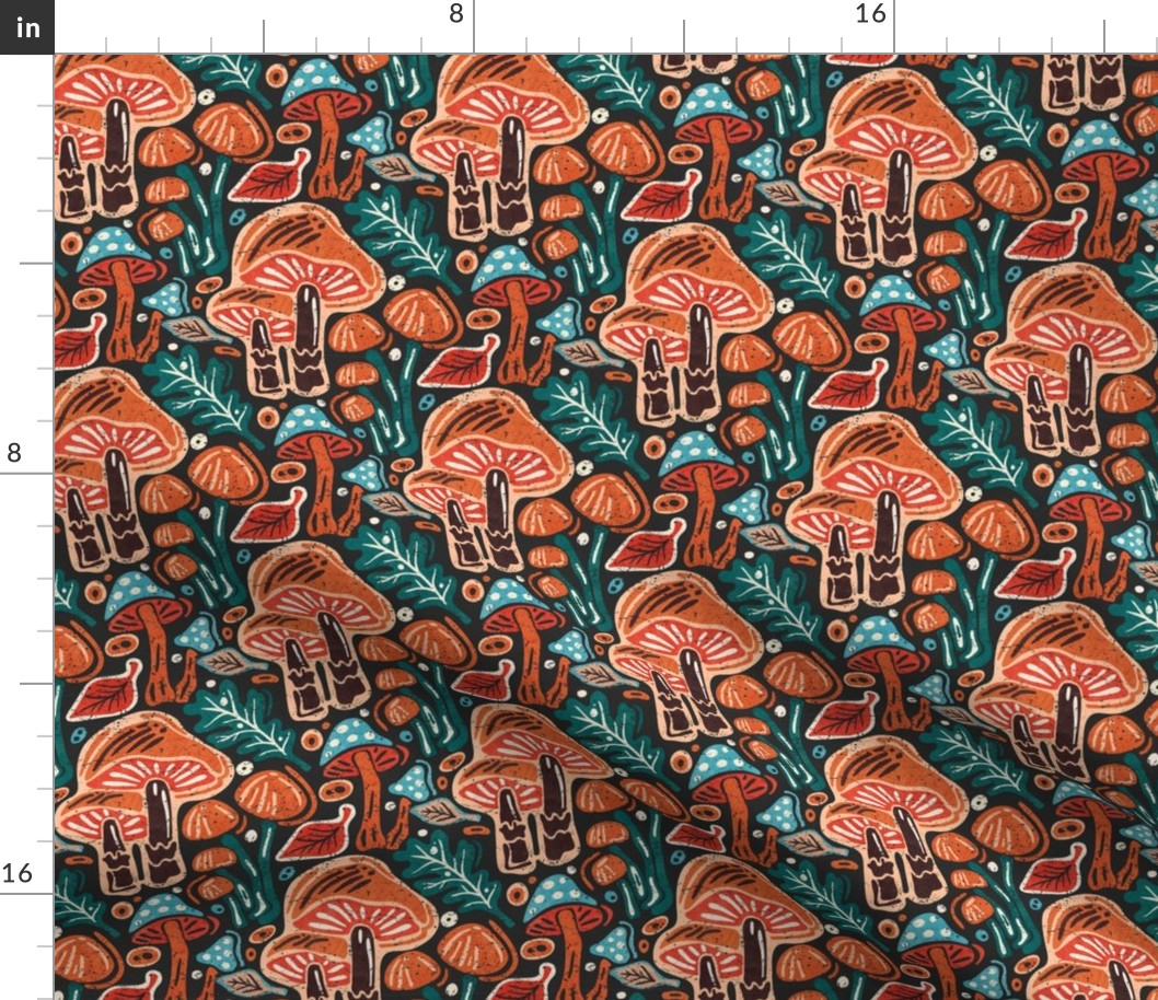 Block Printing, Linocut Forest with Mushrooms / Mid Century Colors Version / Medium Scale