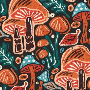 Block Printing, Linocut Forest with Mushrooms / Mid Century Colors Version / Large Scale or Wallpaper