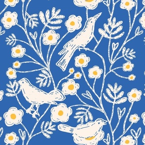 Block Print Floral Garden Birds Cobalt Blue