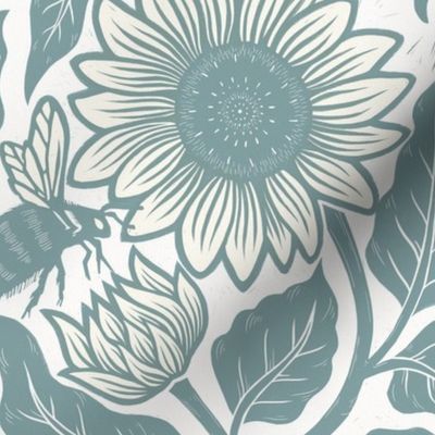 M // Sunflower block print in Mint Green & Ecru