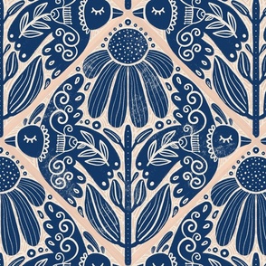 Between flowers and birds - Block Print-Inspired -Blue