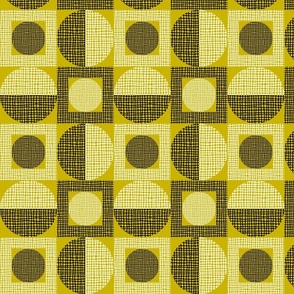 Retro Texture Geometric Squares And Circles Pattern No.5 Mustard Yellow, Black And White