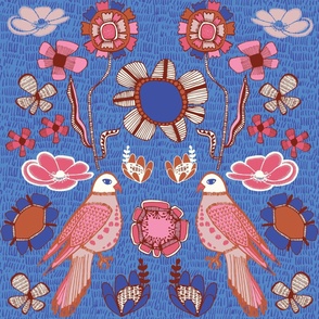 (M) Block Print Bird Floral Blue and Pink 