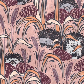 Hedgehogs in the grasses, blockprint