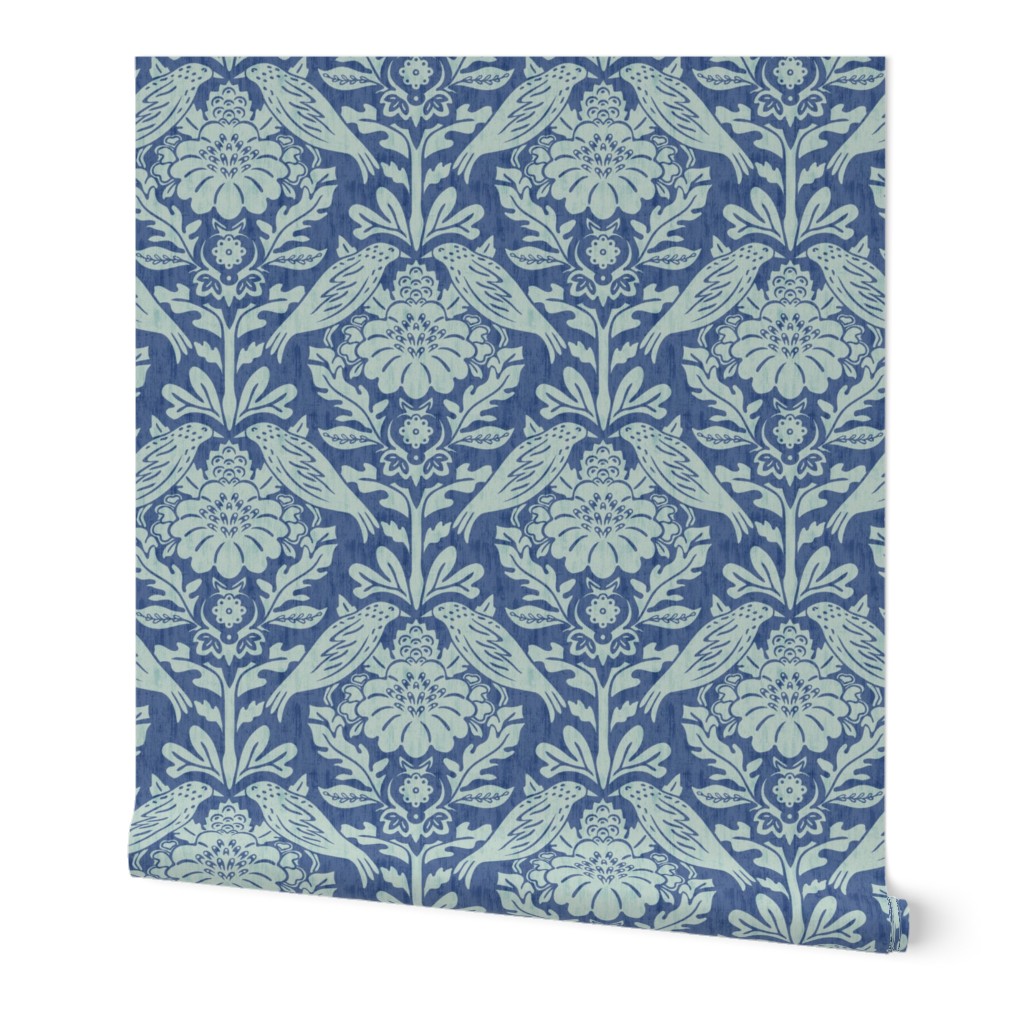 Isabella Birds - Medium - Blue Nova - Texture, Wood Block Damask, Ben Moore Color of the Year 2024