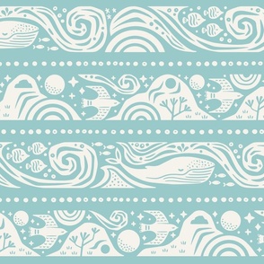 Earth Sea & Sky Stripe | Large Scale | Aqua Blue | Whale Birds Mountain Waves Nature