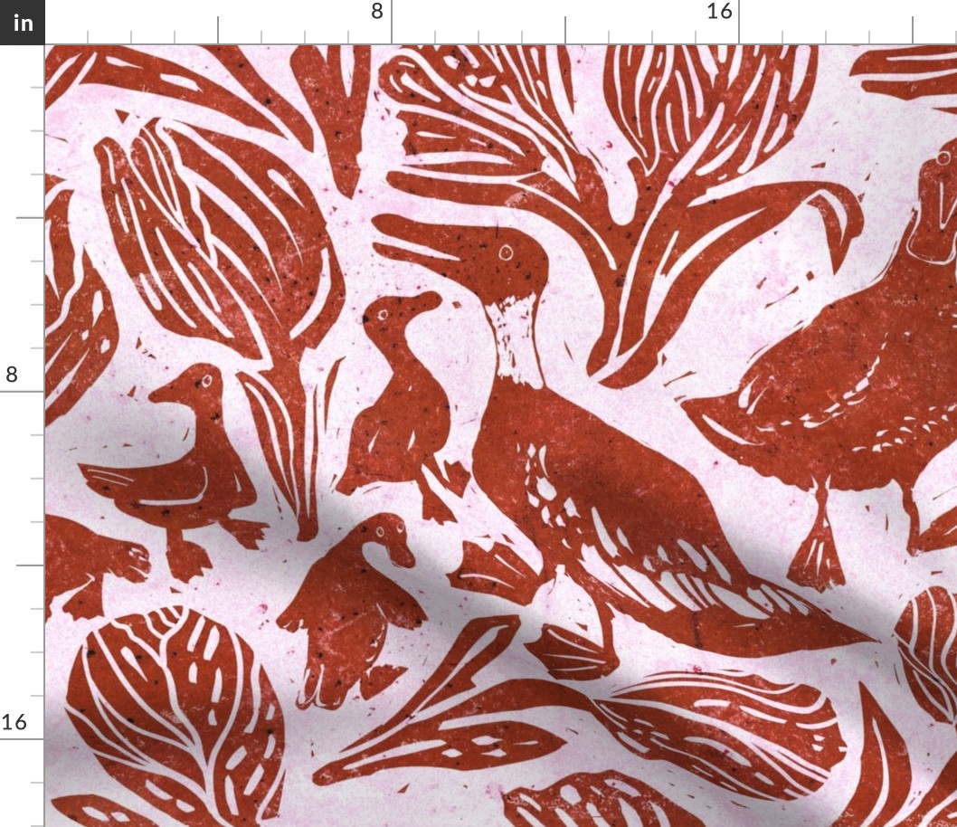 Ducks' Rounds Block Print in Rust and Pink
