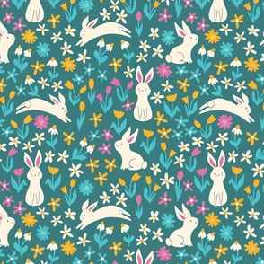 Cute bunnies hopping in a colorful flower field, LARGE, 5 inch bunny