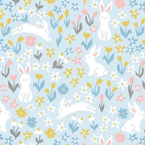 Pastel colored cute bunnies in a flower field, LARGE, bunny is 5 inches