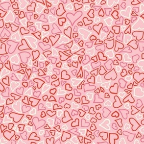 Valentine Doodle Hearts, red, pink and white on bright pink, SMALL, 1/4 - 3/4 inch hearts