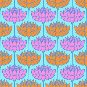 Block Print Inspired Flowers in Pink and Orange on Aqua Blue