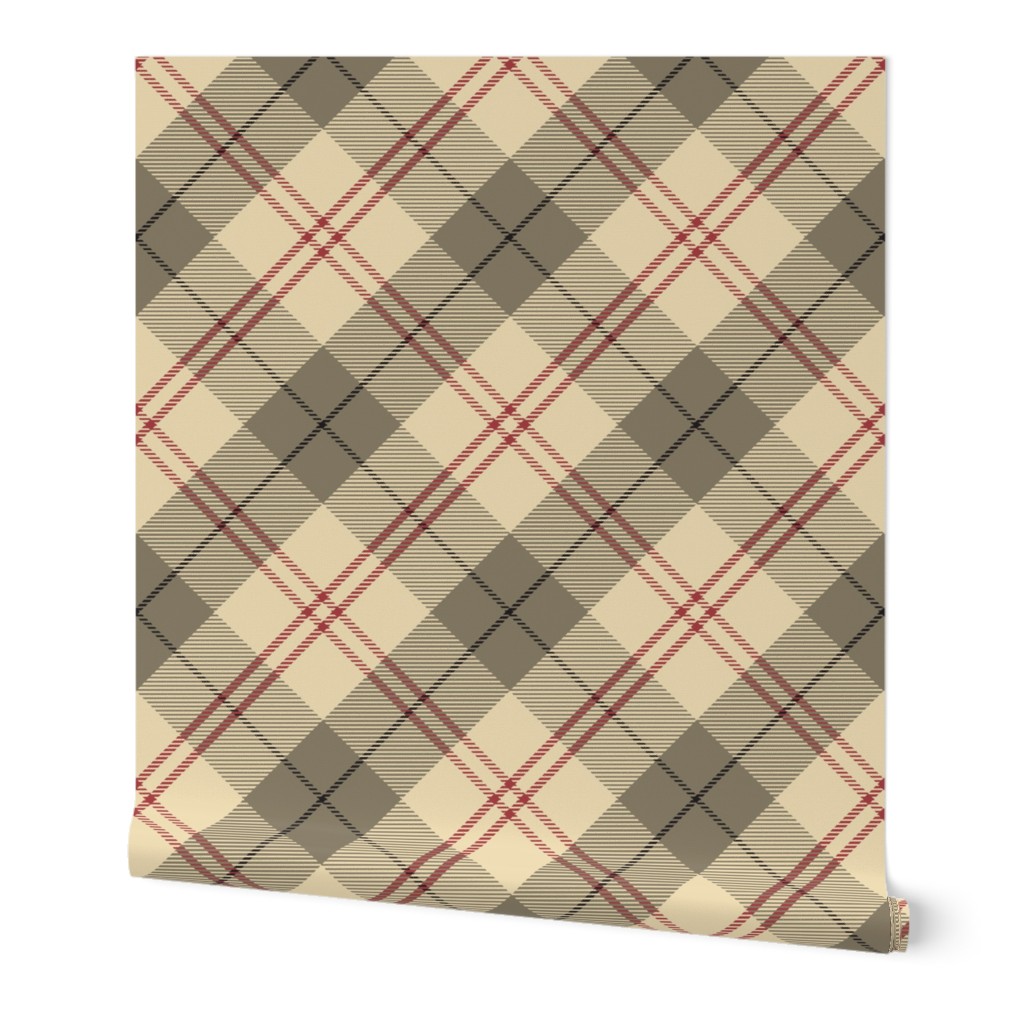 S. Diagonal beige plaid with red and gray stripes, earth tones tartan, london plaid