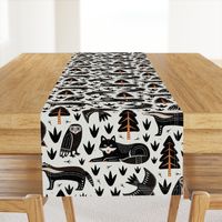 (L) Black Forest animals block print woodland black white