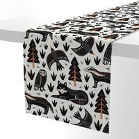 (L) Black Forest animals block print woodland black white