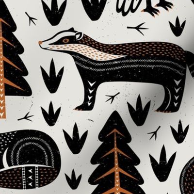 (L) Black Forest animals block print woodland black white