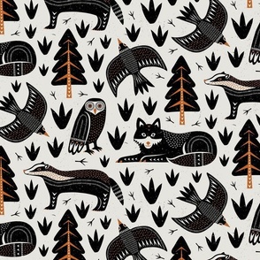 (L) Black Forest animals block print woodland black white