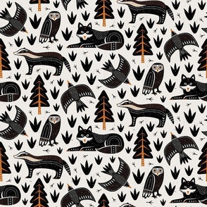 (M) Black Forest animals block print woodland black white