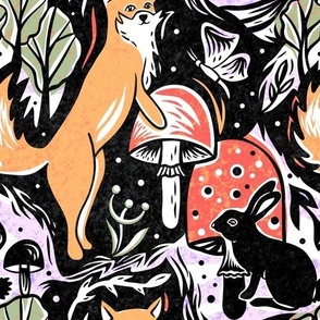 Fox, hare, fly agaric mushrooms. Block print linocut - Medium scale