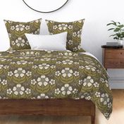 Woodblock Floral Flower pattern in dark brown, olive and sage green and white