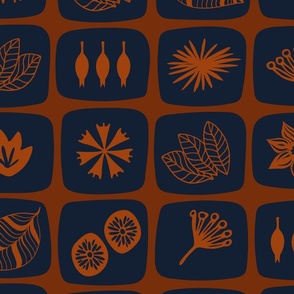 Botanical Pattern Block Print Inspired in dark navy and brown