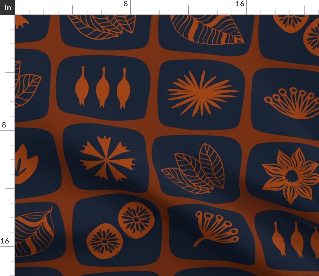 Botanical Pattern Block Print Inspired in dark navy and brown