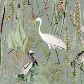 Egrets and herons in marsh, on  comfort grayish