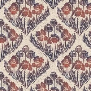 Block print inspired poppy field damask - medium scale - 10.5" as fabric - 12" as wallpaper