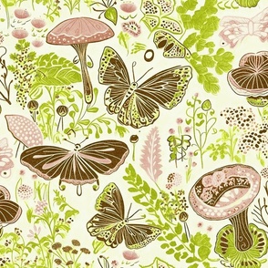 Whimsical Mushrooms & Butterflies - Vintage Block Print