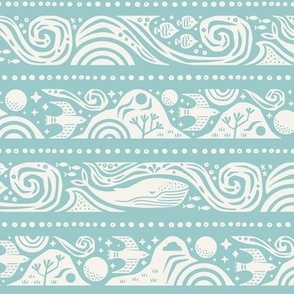 Earth Sea & Sky Stripe | Medium Scale | Aqua Blue | Whale Birds Mountain Waves