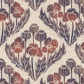 Block print inspired poppy field damask - large scale - 15" as fabric - 24" as wallpaper