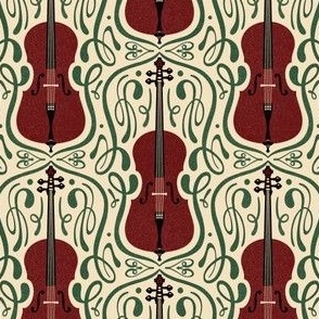 Small Art Nouveau Cello Block Print in Red and Green 