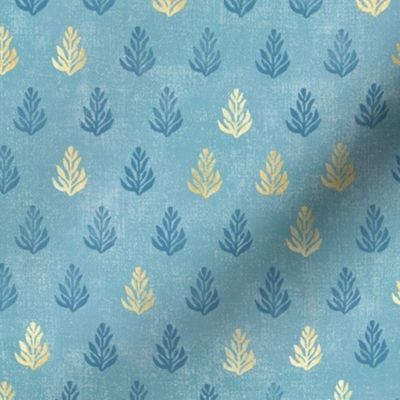Samui Block Print Leaves in Turquoise and Gold | Hand block printed plants on raw silk texture, turquoise blue batik with gold, sarong fabric, leaf, sari print, sprigs and seedlings, botanical print.